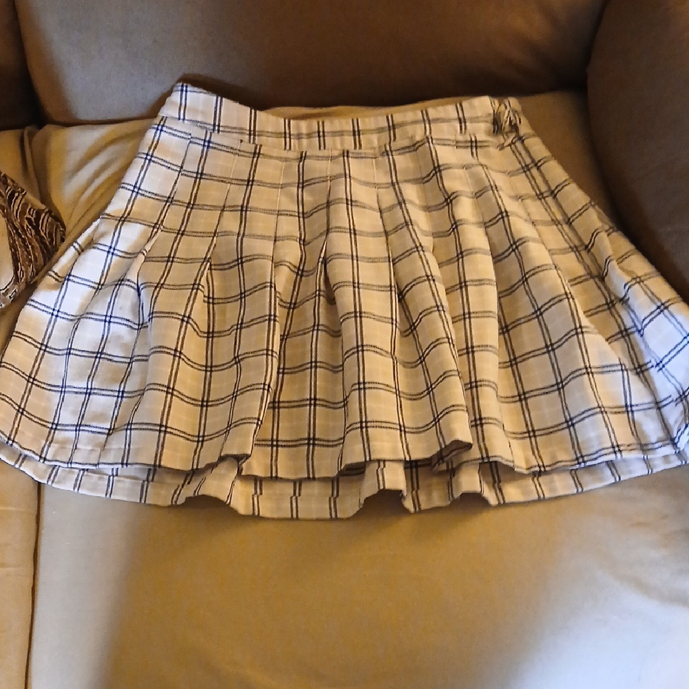 Blue and White Pleated Skater Mini Skirt